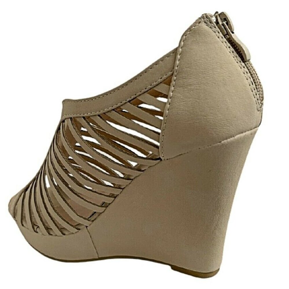 Top Moda Women's Birdcage Gladiator Wedge Sandals | Nude Beige Platform Heels - Picture 6 of 8